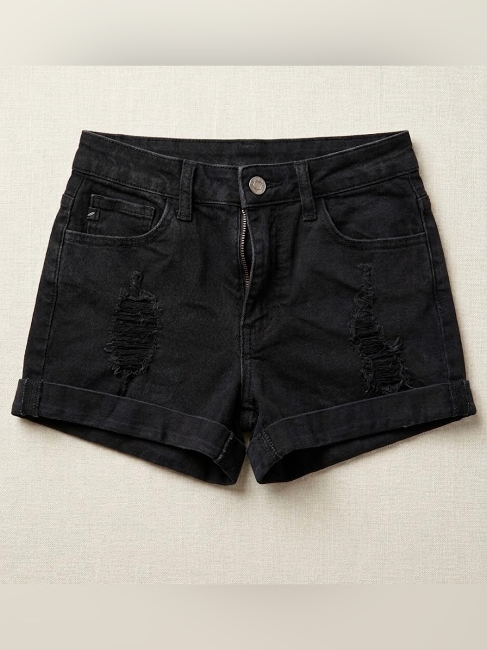 KanCan Black Distressed Denim Shorts – Like New Condition (Size W0 / 23)